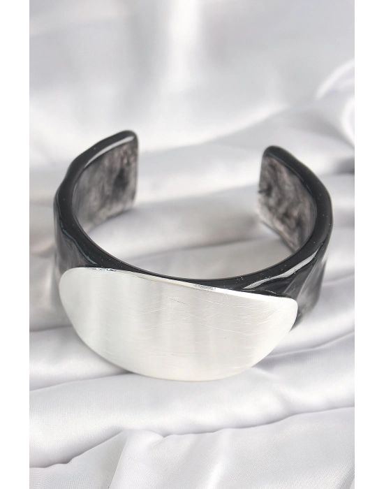 Bamido Siyah Mermer Desen Akrilik Plastik Gümüş Oval Plaka Model Vintage Kadın Bilezik - Lisinya