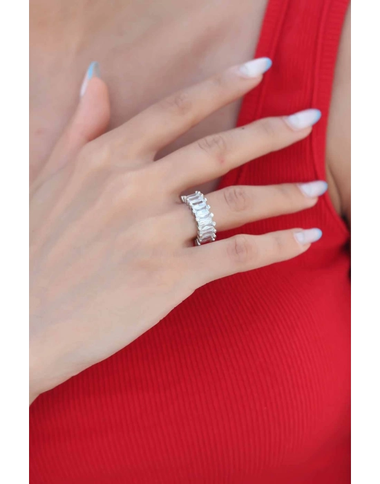 Bamido Zirkon Taşlı Gümüş Renk Baget Kadın Yüzük - Lisinya