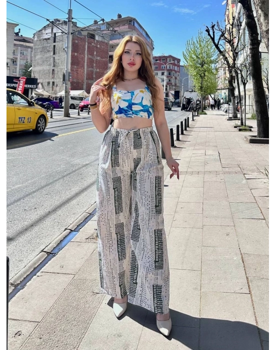 Baskılı Bağcıklı Keten Pantolon Krem