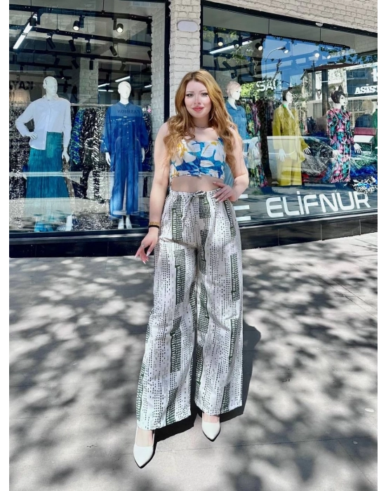 Baskılı Bağcıklı Keten Pantolon Krem