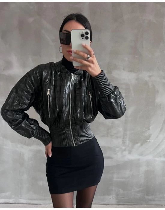 Beli Büzgülü Crop Deri Ceket Siyah