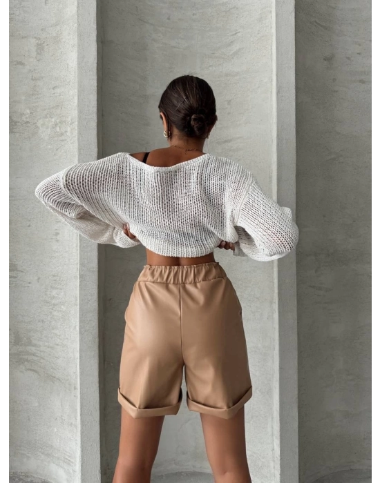 Beli Lastikli Duble Paça Deri Şort Bej W24755