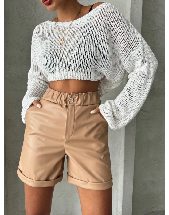 Beli Lastikli Duble Paça Deri Şort Bej W24755