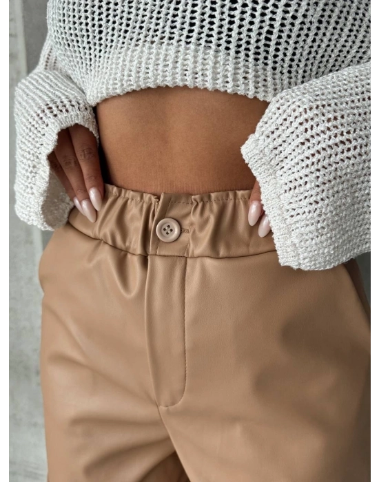 Beli Lastikli Duble Paça Deri Şort Bej W24755