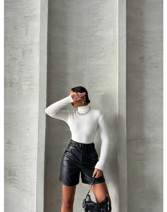 Beli Lastikli Duble Paça Deri Şort Siyah W24755