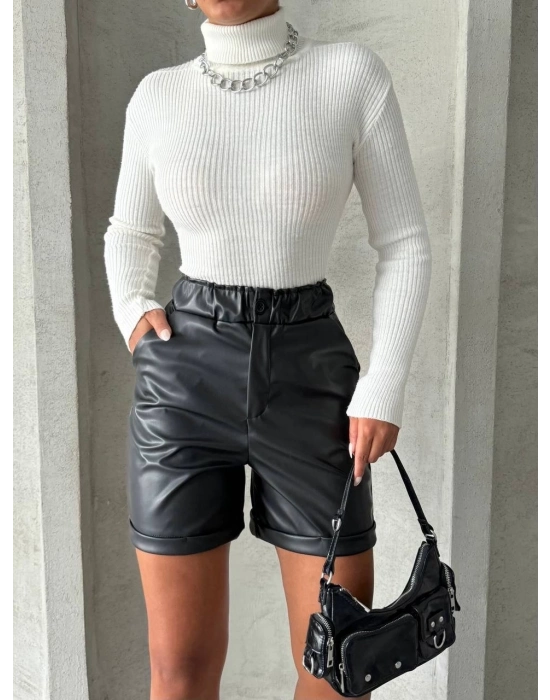 Beli Lastikli Duble Paça Deri Şort Siyah W24755