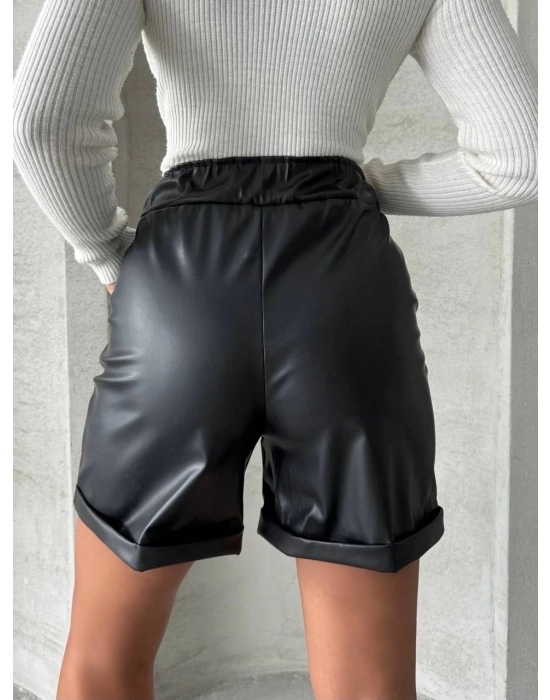 Beli Lastikli Duble Paça Deri Şort Siyah W24755