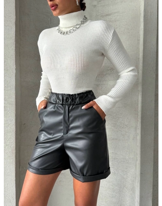 Beli Lastikli Duble Paça Deri Şort Siyah W24755