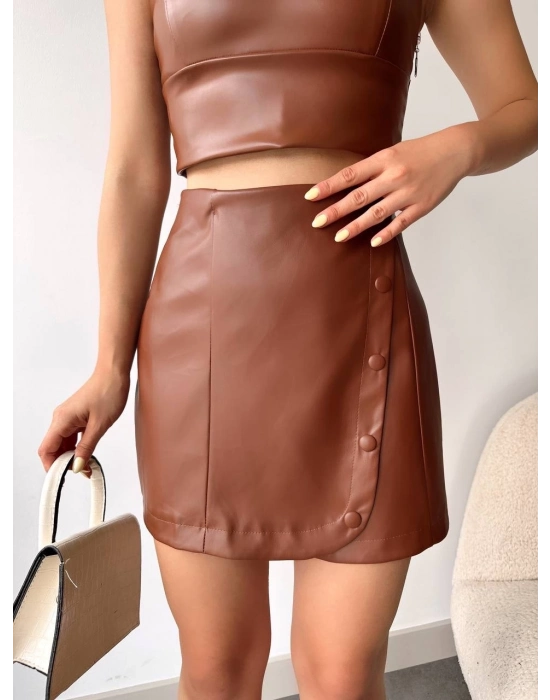 Beş Düğmeli Oval Deri Etek Kahve H240068