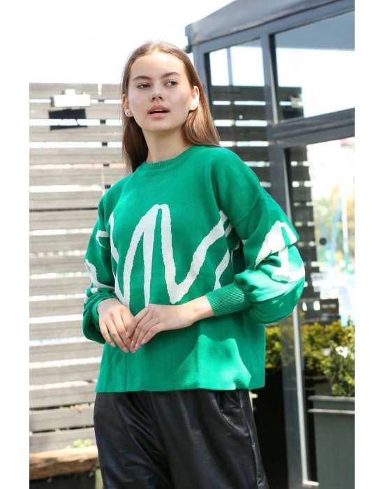 Beyaz Çizgili Bisiklet Yaka Kazak Yeşil