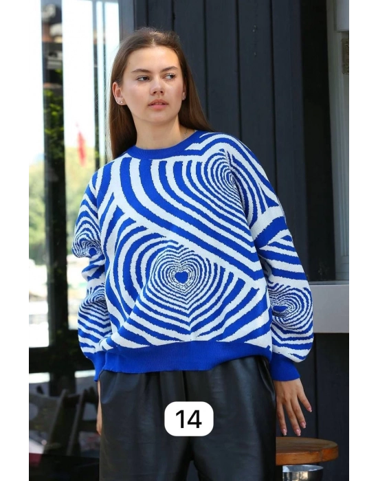 Beyaz Kalp Çizgili Kazak Saks Mavisi