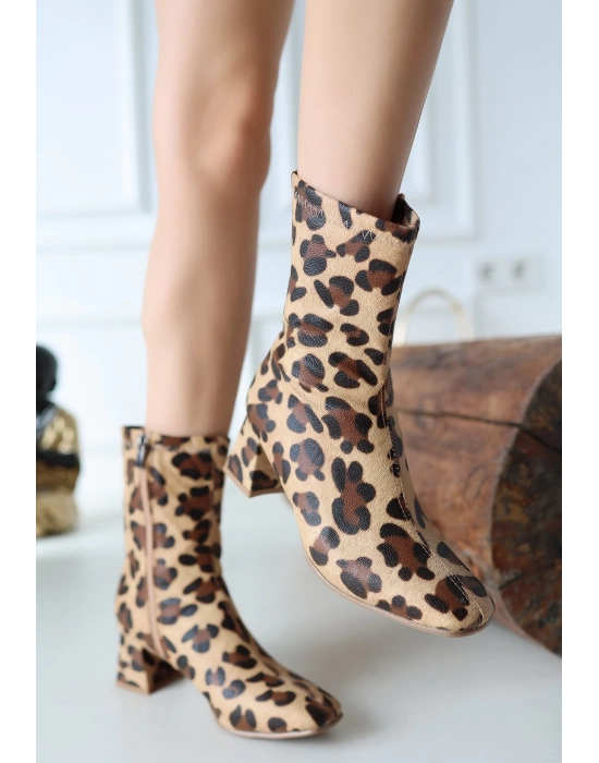 Birta Leopar Cilt Streç Topuklu Bot - Bamido
