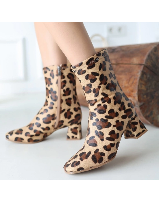 Birta Leopar Cilt Streç Topuklu Bot - Bamido