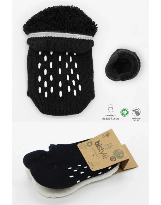 Bistyle 2li Altı Havlu Sneakers Kaymaz Çorap 20501 Siyah Ekru