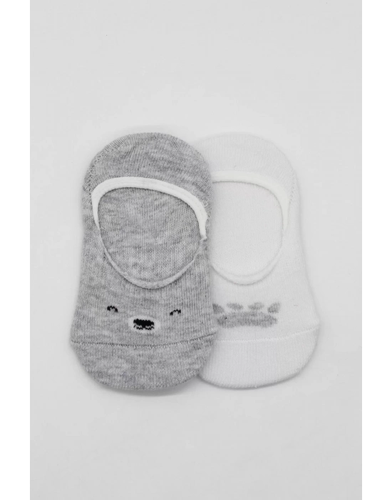 Bistyle 2li Babet Cute Face Penye Çorap 30103 Gri Beyaz
