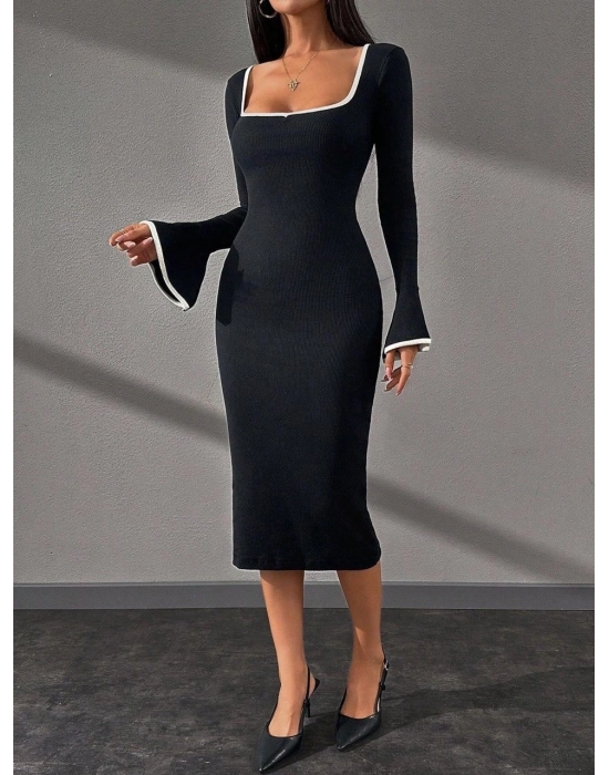 Biyeli Midi Boy Elbise Siyah A3718