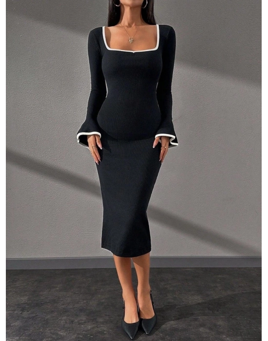 Biyeli Midi Boy Elbise Siyah A3718