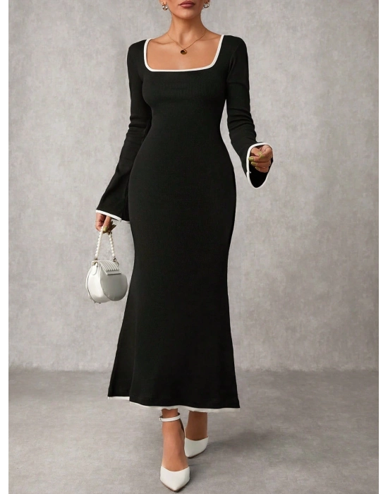 Biyeli Uzun Elbise Siyah