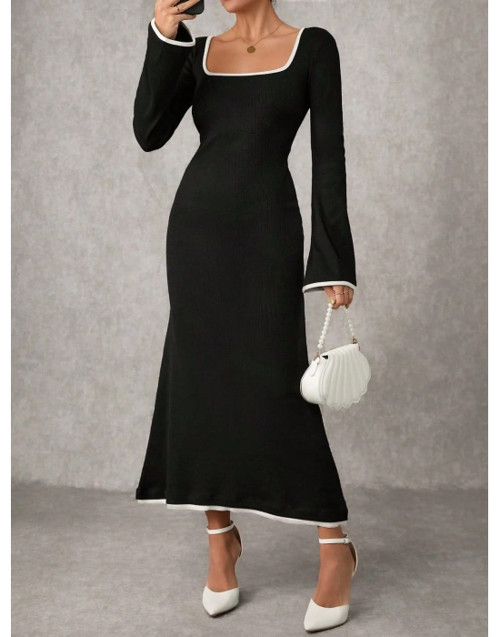 Biyeli Uzun Elbise Siyah