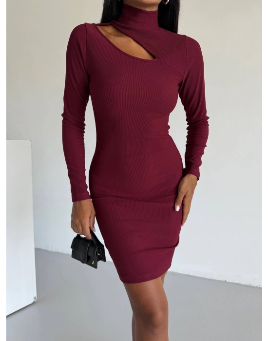 Boğazlı Gögüs Dekolteli Elbise Bordo F2333