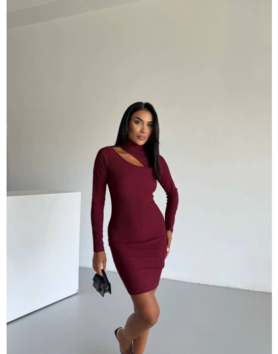 Boğazlı Gögüs Dekolteli Elbise Bordo F2333