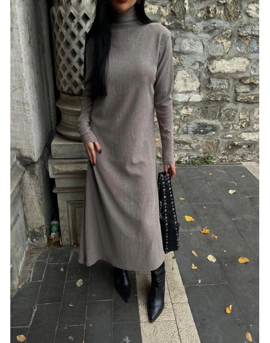 Boğazlı Kalın Bürümcük Uzun Elbise Vizon