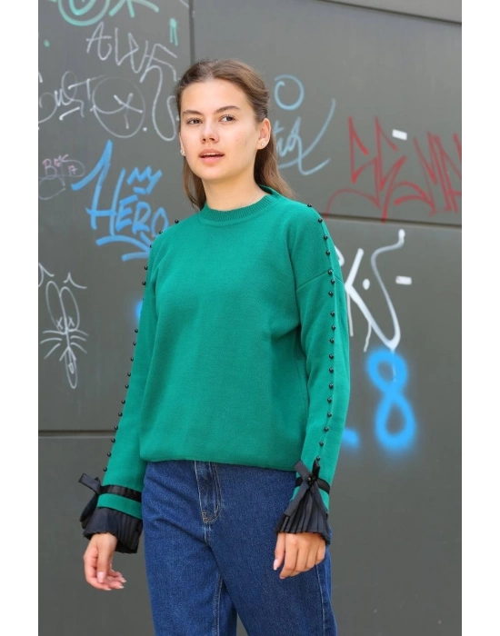 Boncuklu Bile Detaylı Kazak Petrol Yeşili