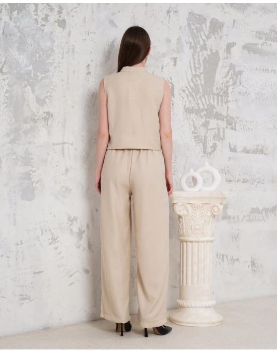 Broşlu Yelek Pantolon Takım Bej S255821