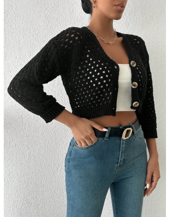 Büyük Düğmeli Delikli Hırka Siyah