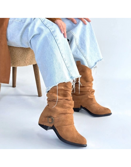 Canty Taba Süet Körüklü Topuklu Çizme