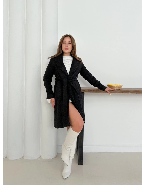 Cepli Kuşaklı Kaşe Kaban Antrasit St26458