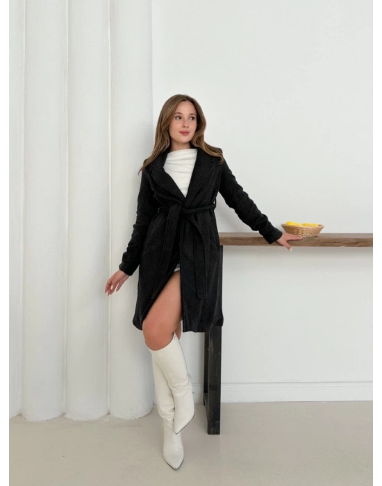 Cepli Kuşaklı Kaşe Kaban Antrasit St26458