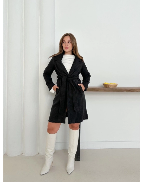 Cepli Kuşaklı Kaşe Kaban Antrasit St26458