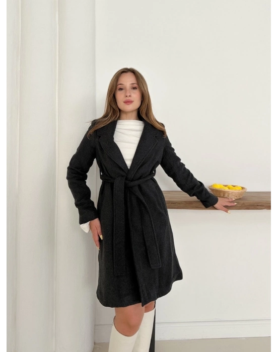 Cepli Kuşaklı Kaşe Kaban Antrasit St26458