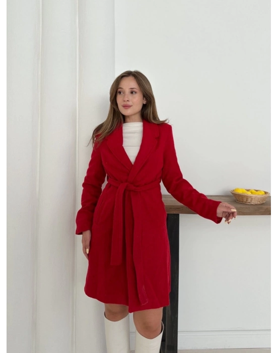 Cepli Kuşaklı Kaşe Kaban Kırmızı St26458