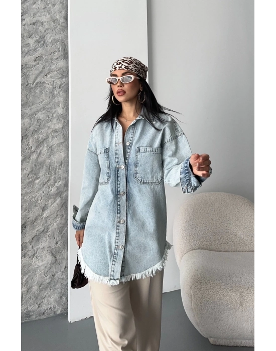 Cepli Püsküllü Kar Yıkama Kot Ceket Mavi D2515