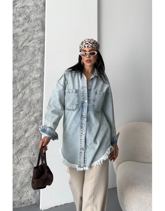 Cepli Püsküllü Kar Yıkama Kot Ceket Mavi D2515