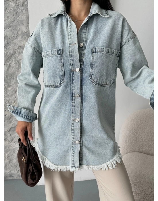 Cepli Püsküllü Kar Yıkama Kot Ceket Mavi D2515