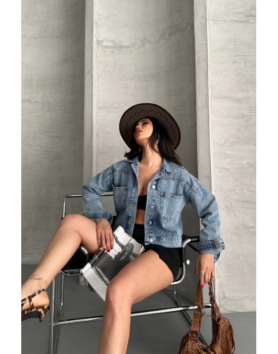 Çift Cepli Kol Katlamalı Kar Yıkama  Crop Kot Ceket Mavi D2000