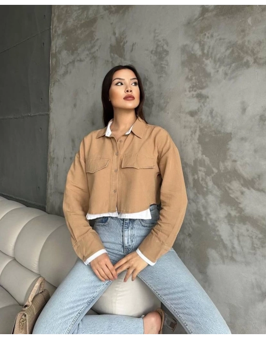 Çift Renkli Kısa Gömlek Vizonbeyaz S4021