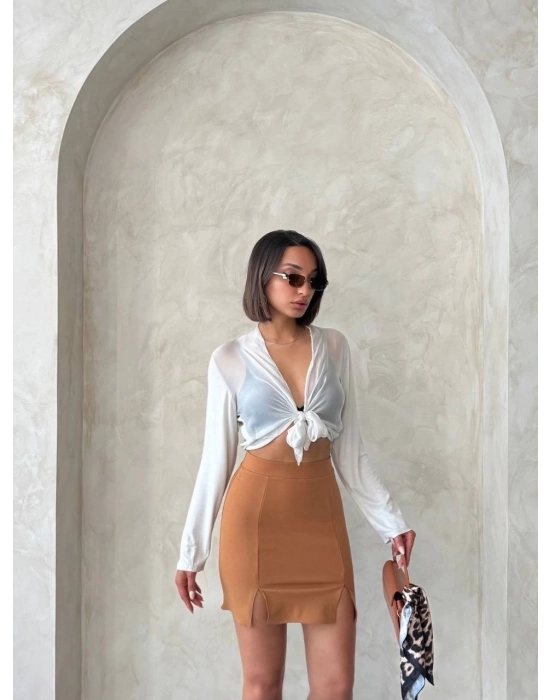 Çift Yırtmaçlı Etek Camel S25910