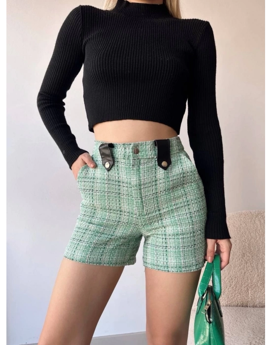 Çıtçıtlı Siyah Köprü Tüvit Şort Yeşil