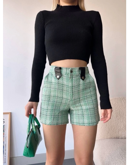 Çıtçıtlı Siyah Köprü Tüvit Şort Yeşil