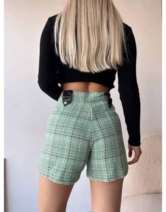 Çıtçıtlı Siyah Köprü Tüvit Şort Yeşil