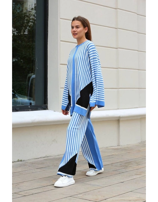 Çizgili Bisiklet Yaka Triko Takım Mavi