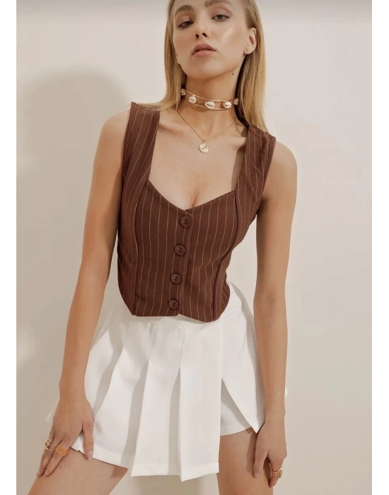 Çizgili Krep Düğmeli Yelek Kahve S3395