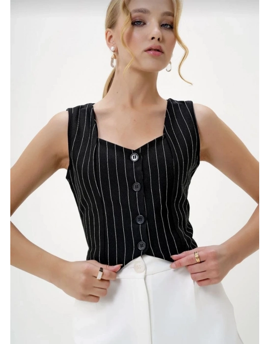 Çizgili Krep Düğmeli Yelek Siyah S3395