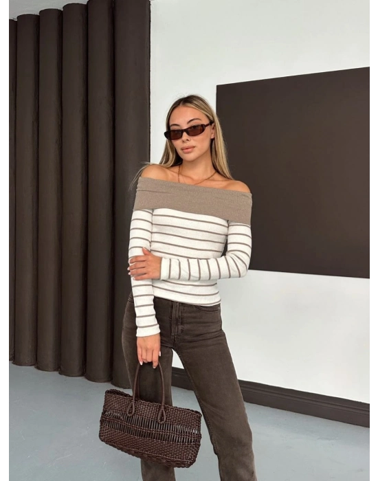 Çizgili Madonna Yaka Kaşkorse Bluz Bej A844