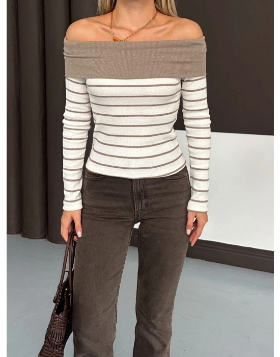 Çizgili Madonna Yaka Kaşkorse Bluz Bej A844