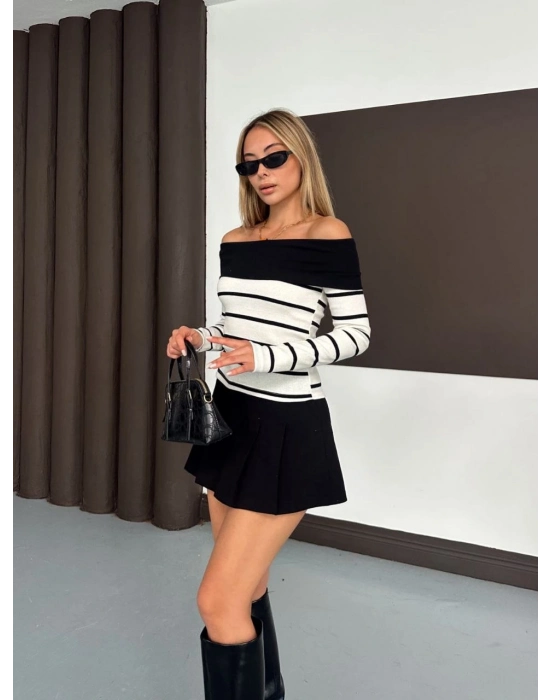 Çizgili Madonna Yaka Kaşkorse Bluz Beyaz A844